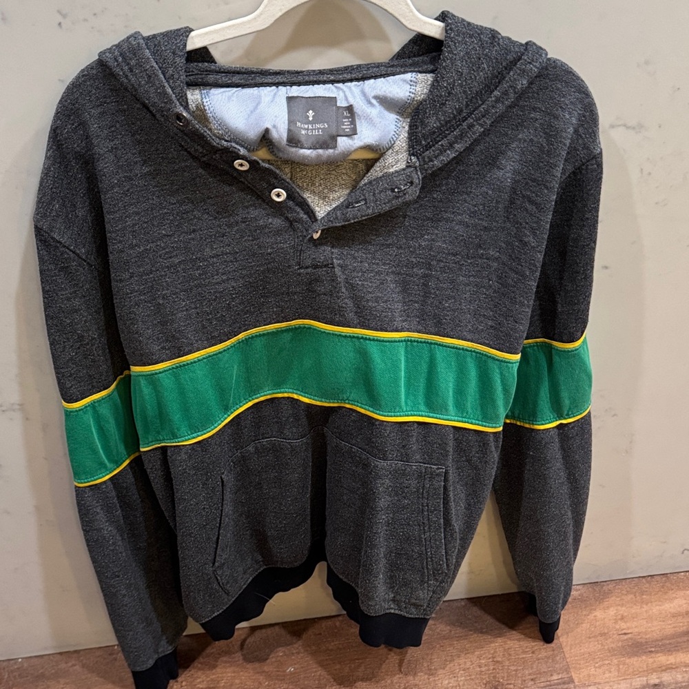 Vintage Gray Hoodie with Green Stripe